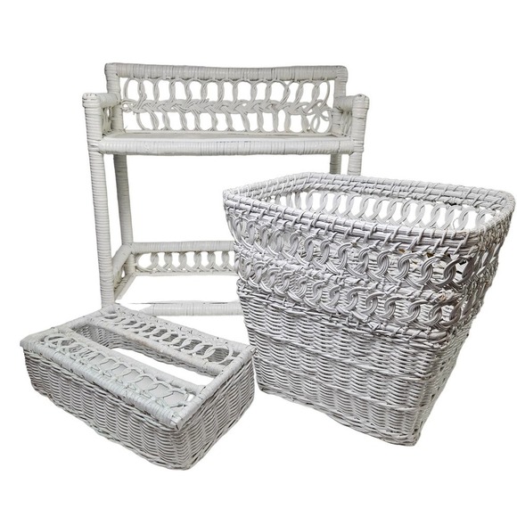 Vintage Wicker Rattan Bathroom Shelf Waste Basket Tissue Box Cover Set‎ White - Picture 1 of 16